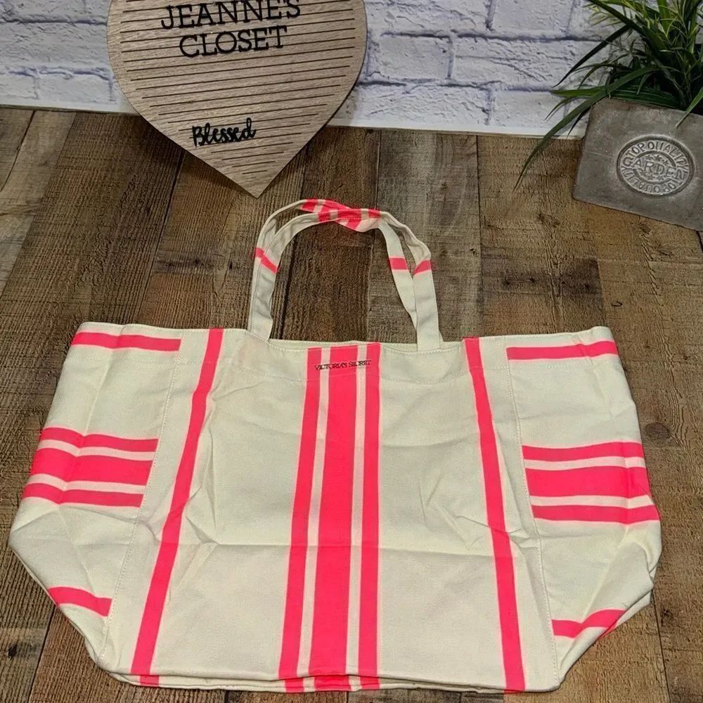 Victoria’s Secret Large Canvas Carryall Beach Tote Pink Stripe